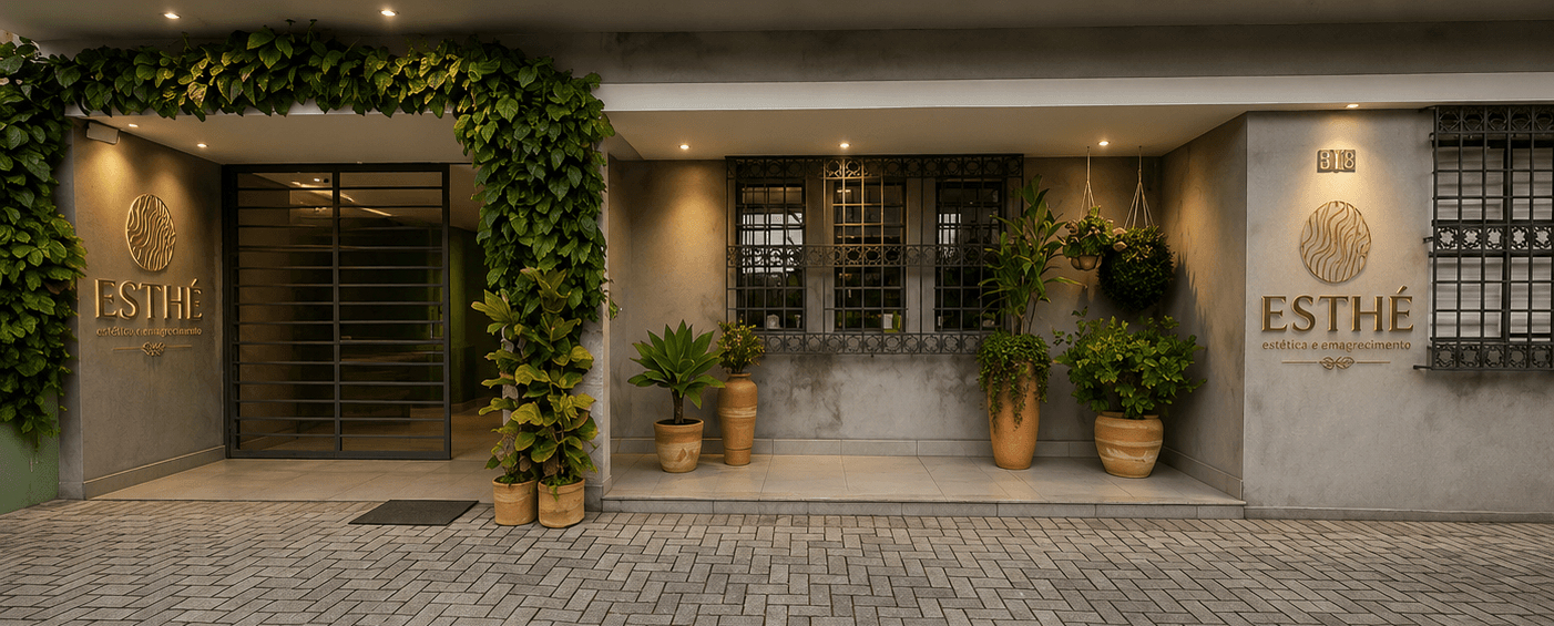 Fachada da Clínica Esthé em Curitiba, com entrada coberta de heras, vasos de plantas e logotipo dourado na parede de concreto