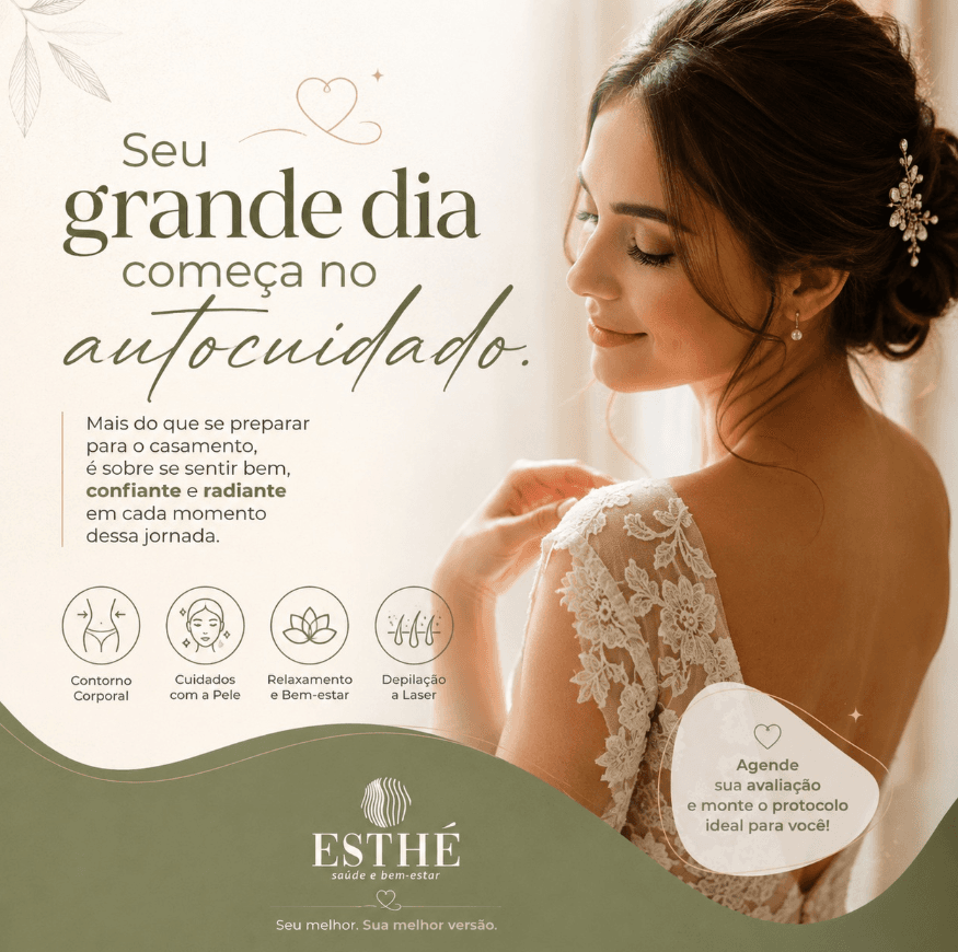 Noiva de vestido de renda sorrindo, em campanha da Clínica Esthé: seu grande dia começa no autocuidado